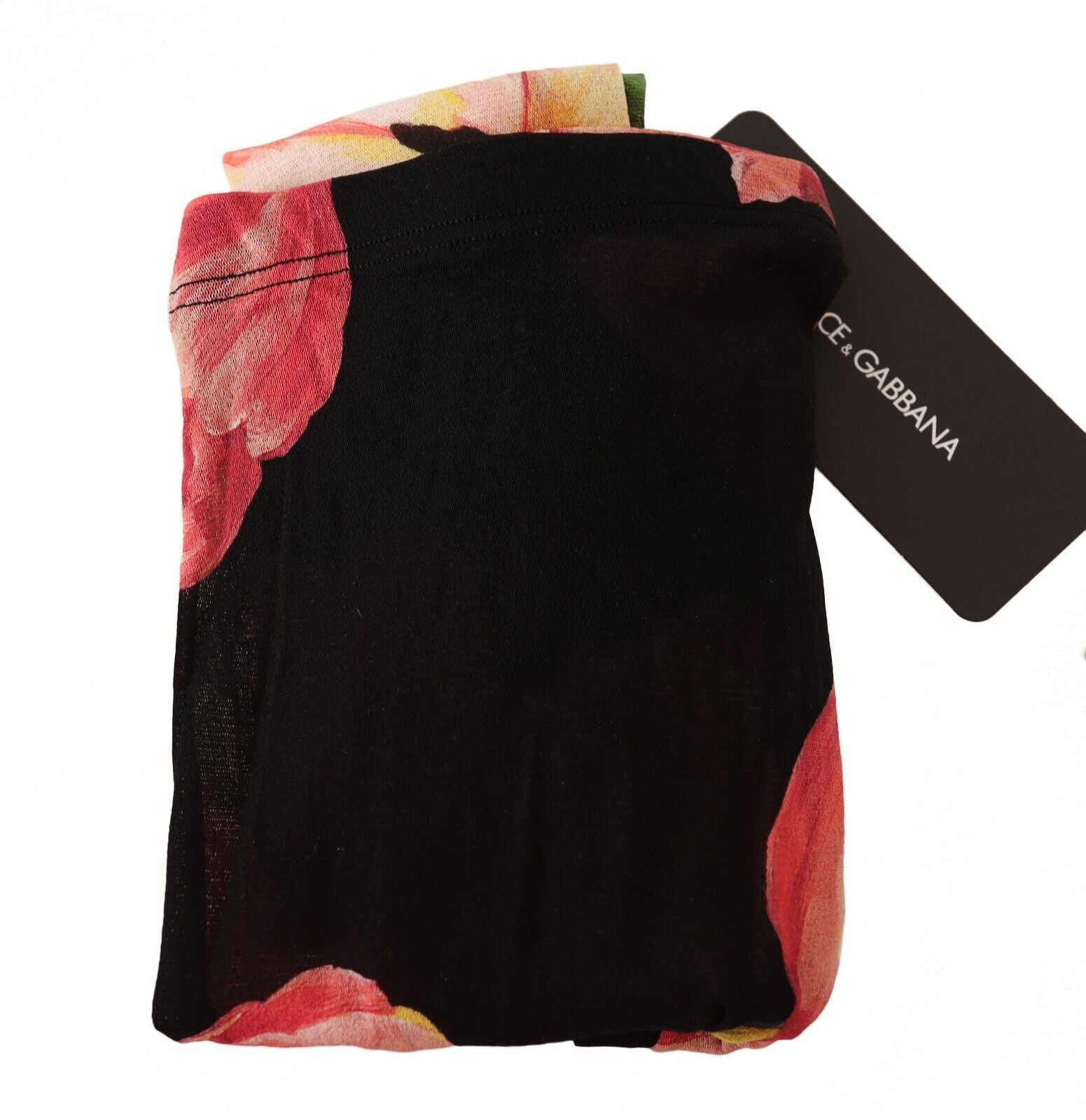 Black floral print nylon tights from Dolce & Gabbana showcasing intricate floral patterns and sheer stretch fabric.