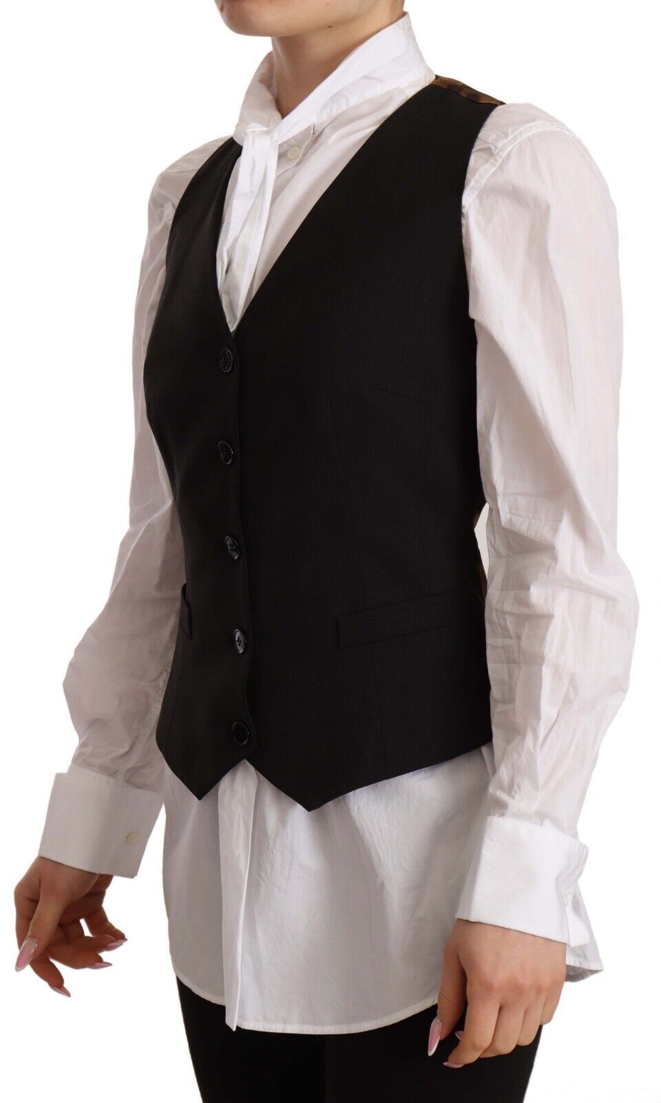 Black sleeveless button-down vest by Dolce & Gabbana, made of polyester, shown on a plain background.