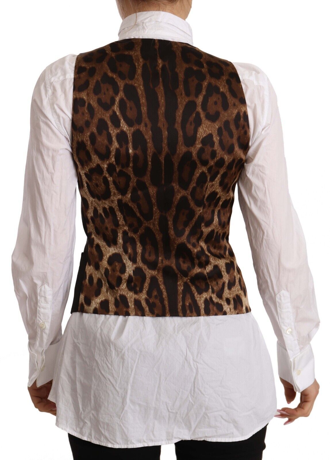 Black sleeveless polyester vest with button-down front by Dolce & Gabbana, shown on a plain background.