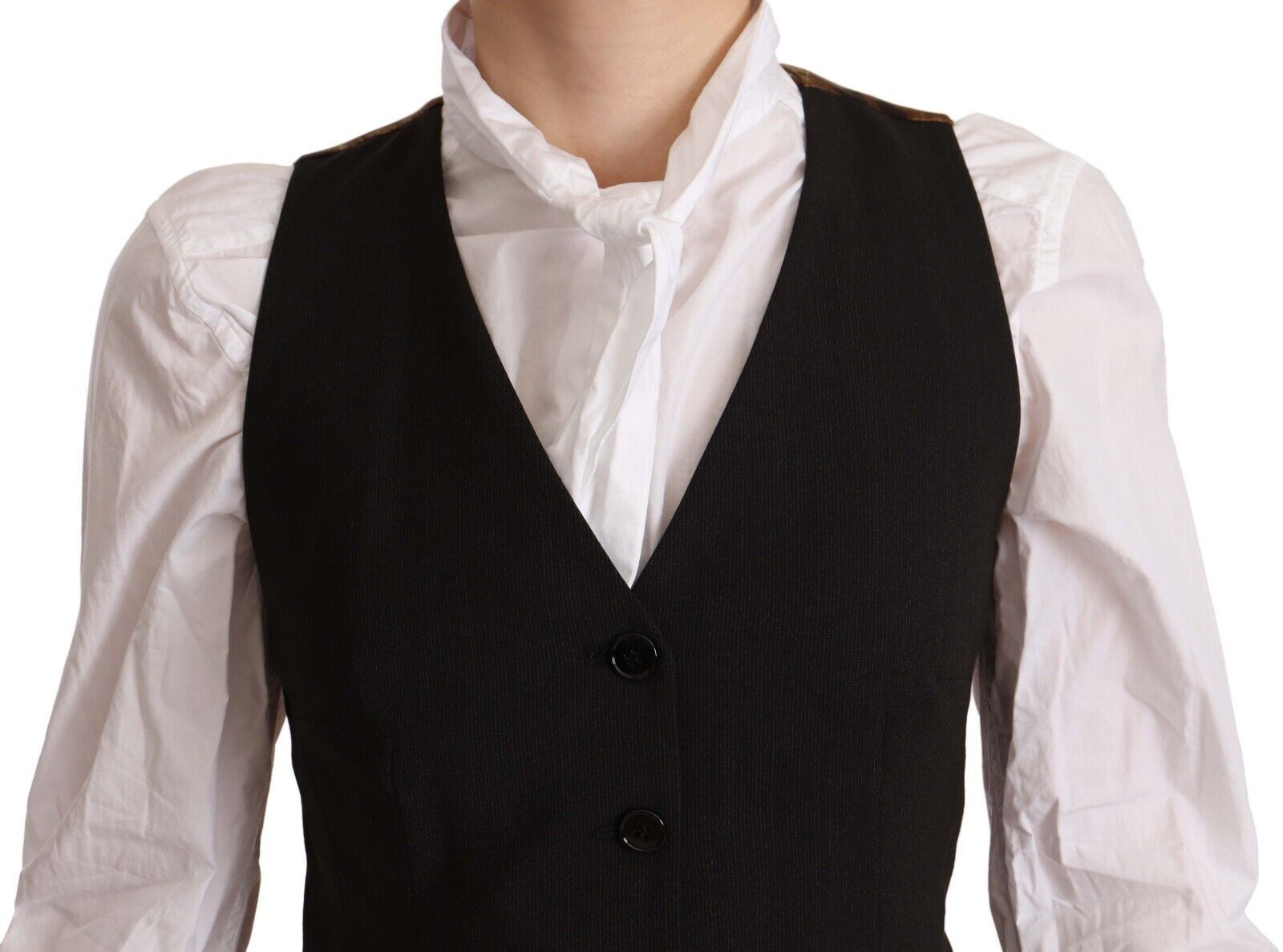 Black sleeveless button-down vest by Dolce & Gabbana, made of polyester, displayed on a plain background.