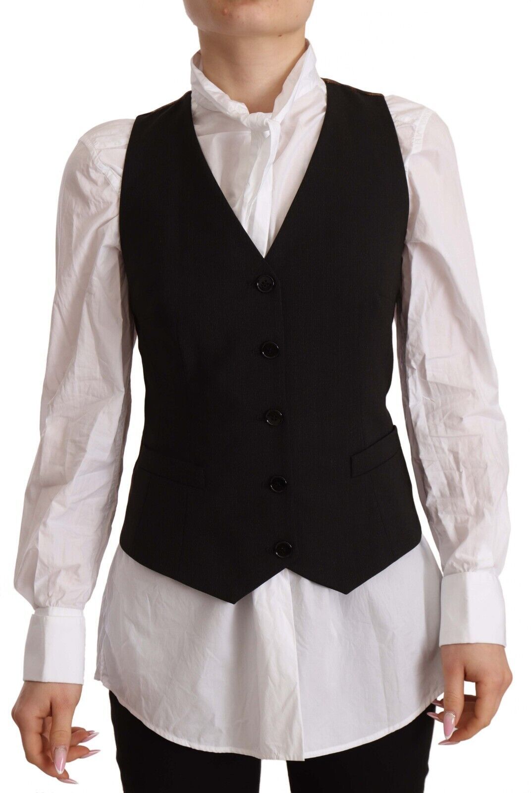 Black sleeveless button-down vest made of polyester by Dolce & Gabbana, displayed on a hanger.