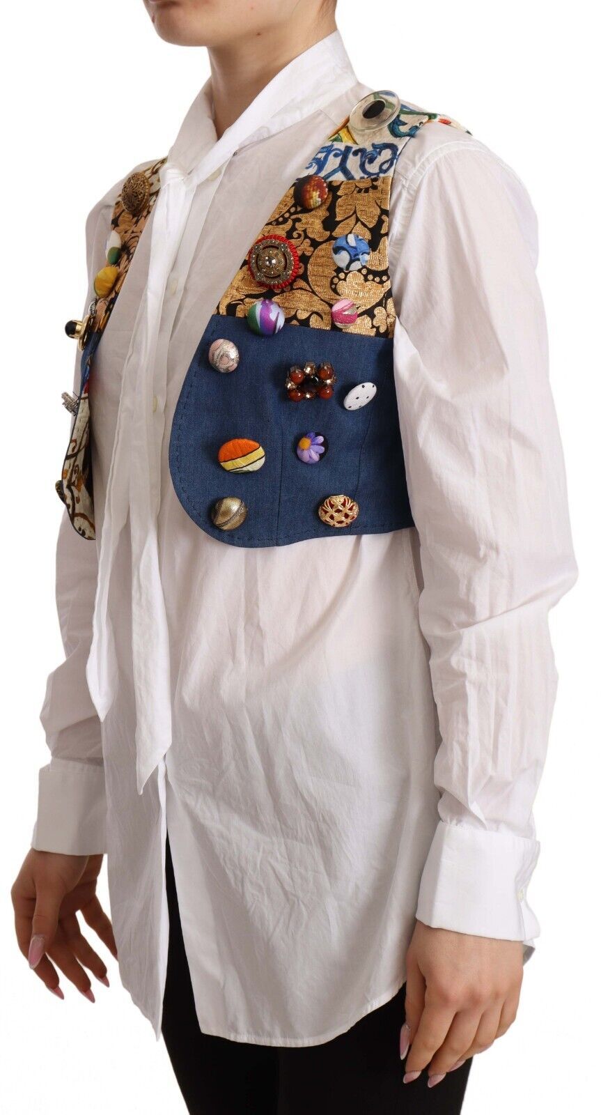 Multicolor embellished waist coat cotton top by Dolce & Gabbana with intricate embroidery and stylish design.
