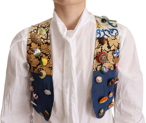 Multicolor embellished waist coat cotton top by Dolce & Gabbana, featuring intricate embroidery and stylish design.