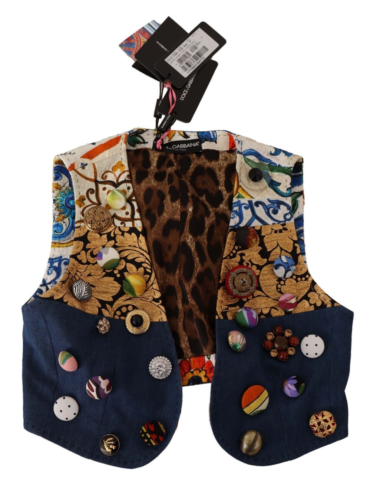 Multicolor embellished waist coat cotton top by Dolce & Gabbana with vibrant embroidery and detailed design.