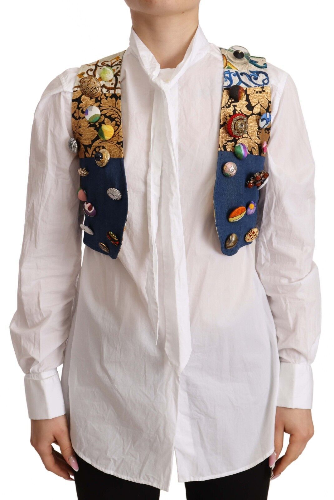 Multicolor embellished cotton waist coat top by Dolce & Gabbana with decorative details and stylish fit.