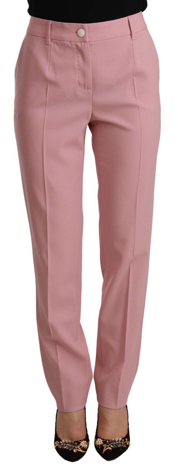 Pink wool stretch high waist trouser pants by Dolce & Gabbana, featuring a tailored fit and classic design.