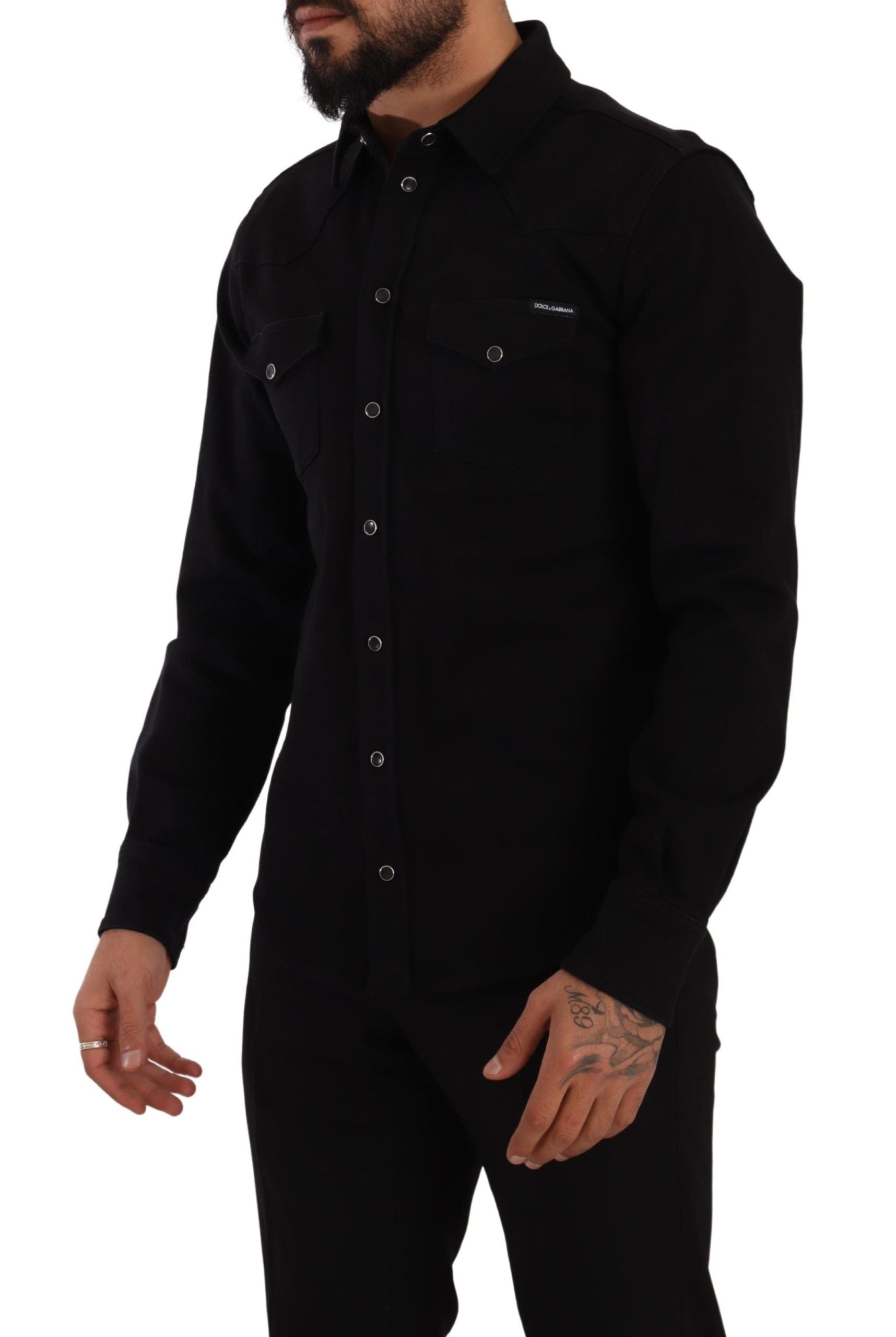 Black slim-fit cotton denim stretch shirt by Dolce & Gabbana, featuring a classic collar and button-up front.
