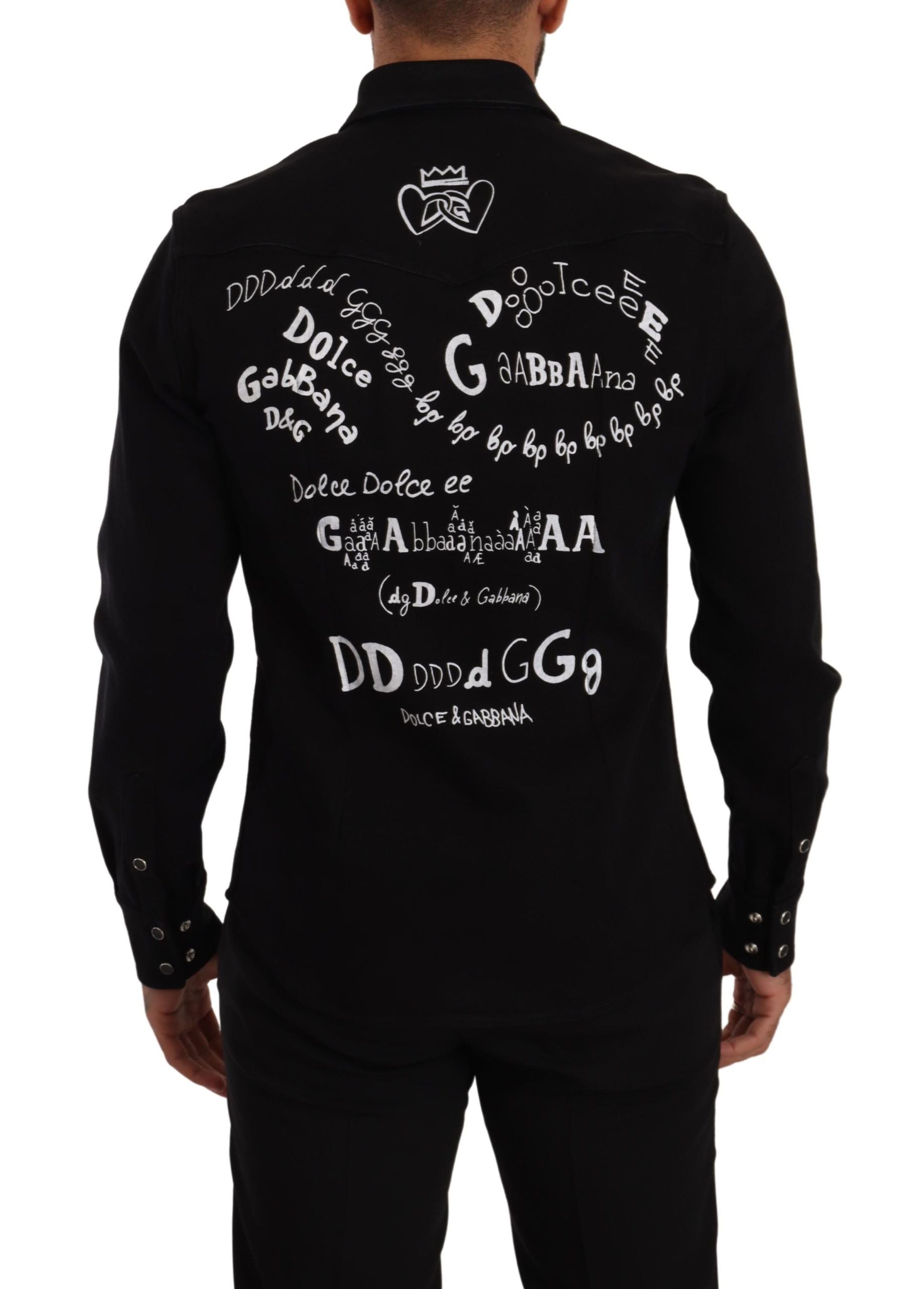 Black slim-fit cotton denim stretch shirt by Dolce & Gabbana, shown on a hanger with detailed stitching and classic collar.
