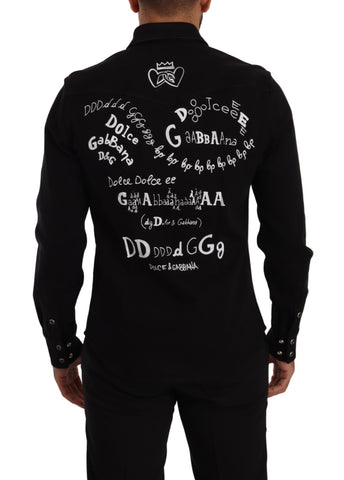 Black slim-fit cotton denim stretch shirt by Dolce & Gabbana, shown on a hanger with detailed stitching and classic collar.