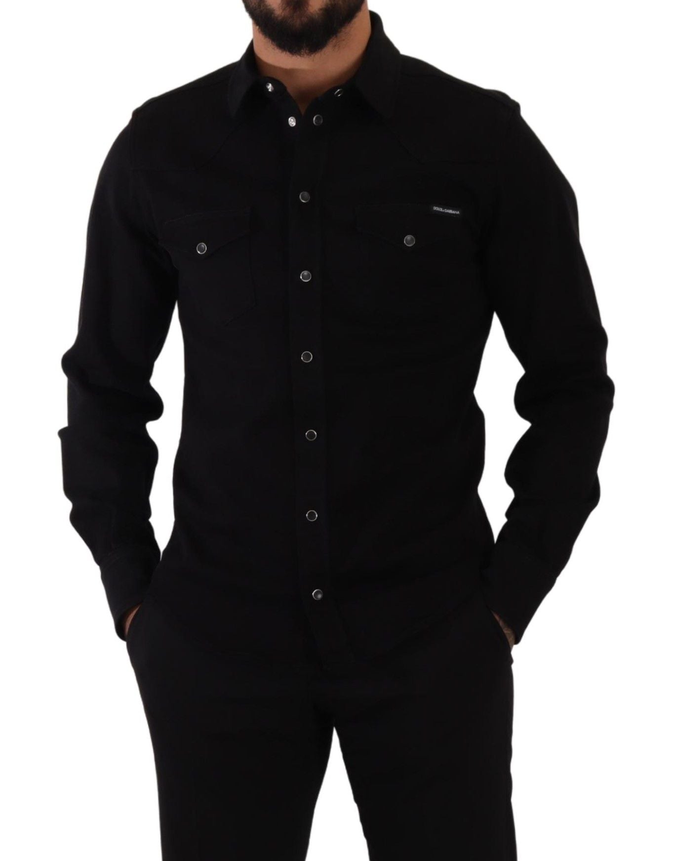 Black slim-fit cotton denim stretch shirt by Dolce & Gabbana, shown on a hanger with close-up of fabric texture.