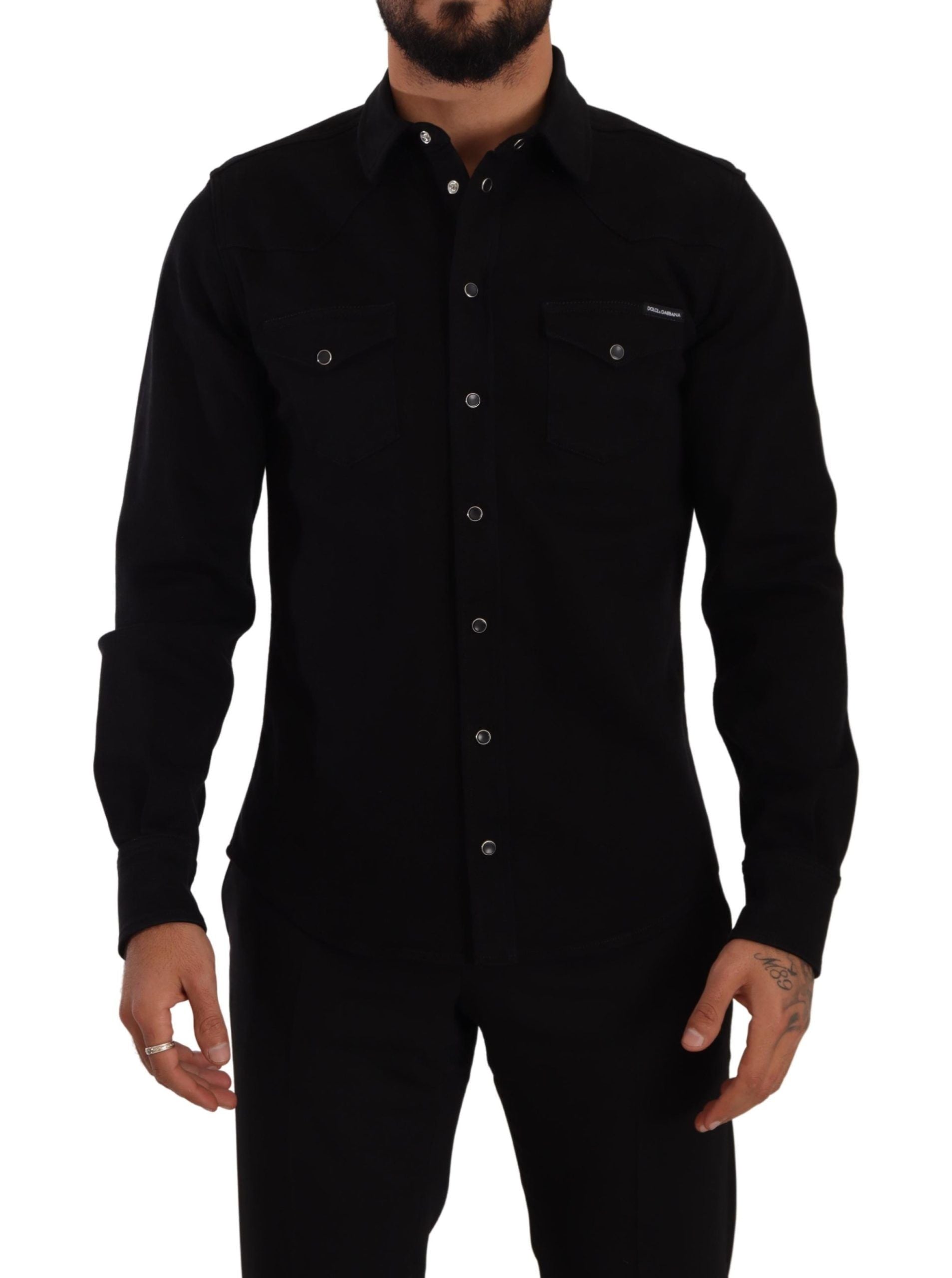 Black slim-fit cotton denim stretch shirt by Dolce & Gabbana, featuring a tailored design and classic collar.
