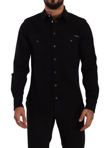 Black slim-fit cotton denim stretch shirt by Dolce & Gabbana, featuring a tailored design and classic collar.