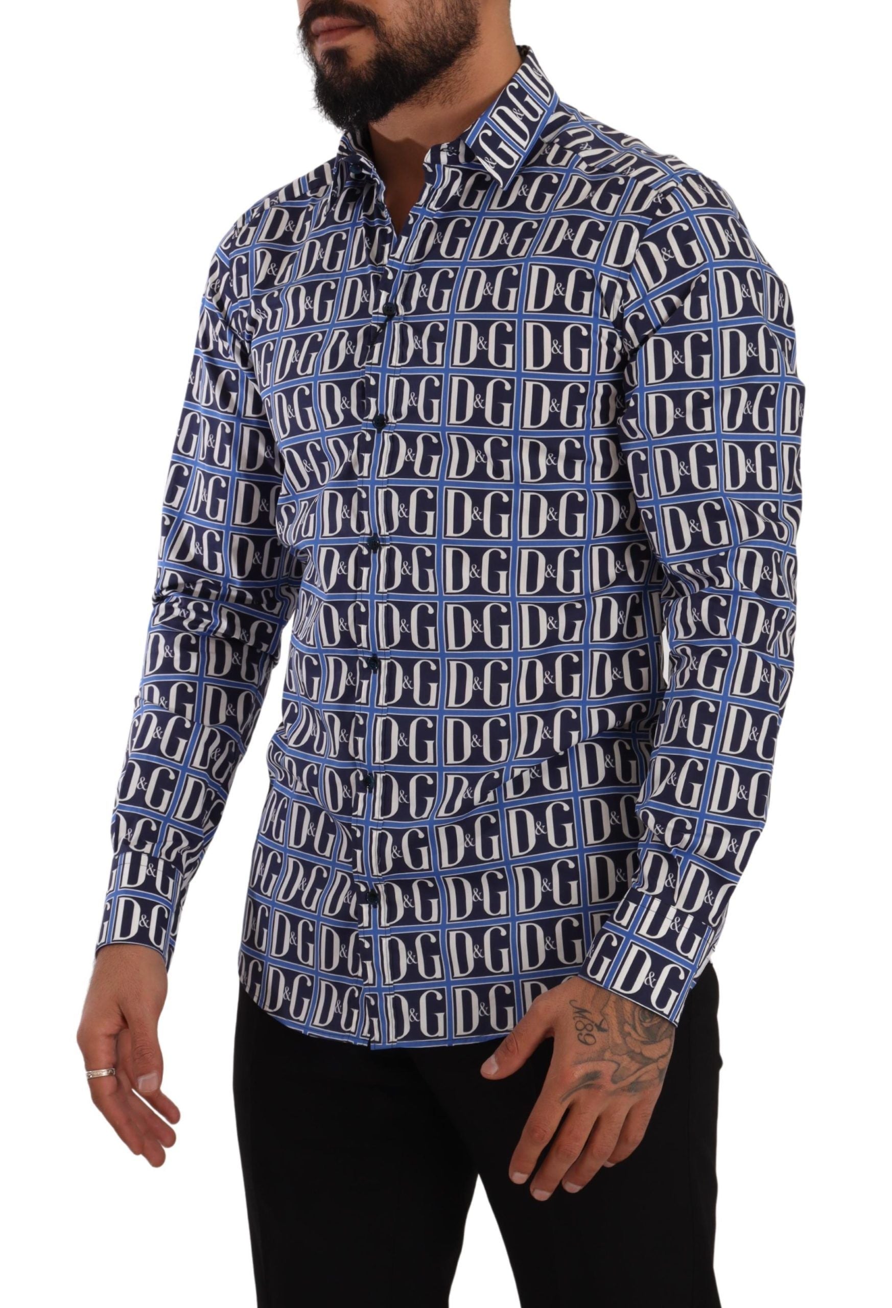 Blue logo mania slim fit cotton shirt by Dolce & Gabbana, featuring a classic collar, button front, and logo details.