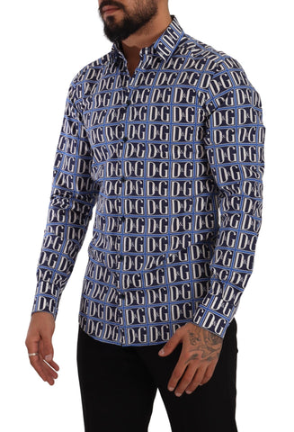 Blue logo mania slim fit cotton shirt by Dolce & Gabbana, featuring a classic collar, button front, and logo details.