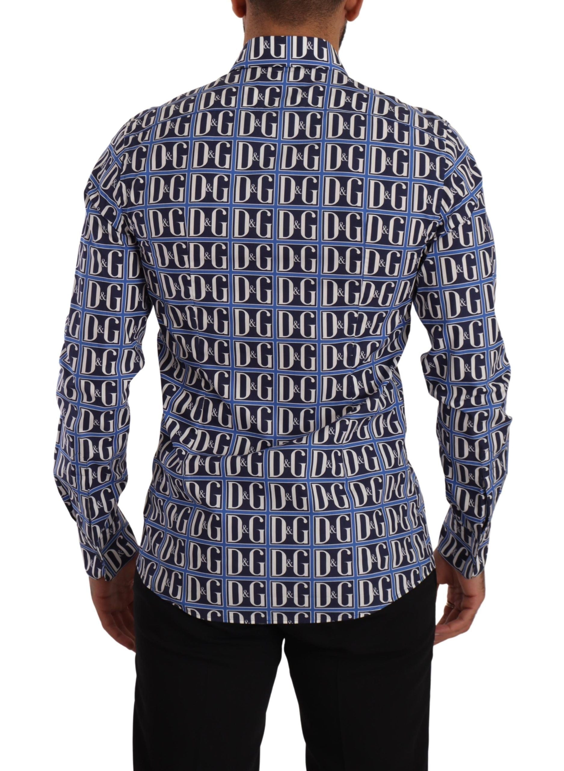 Blue Dolce & Gabbana Logo Mania slim fit cotton shirt with long sleeves and button-down front, featuring a bold logo design.