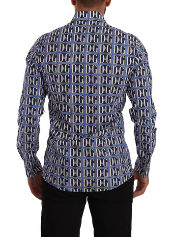 Blue Dolce & Gabbana Logo Mania slim fit cotton shirt with long sleeves and button-down front, featuring a bold logo design.