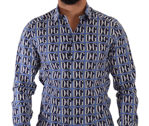 Blue Dolce & Gabbana Logo Mania slim fit cotton shirt displayed on a hanger, featuring a prominent logo design and classic collar.