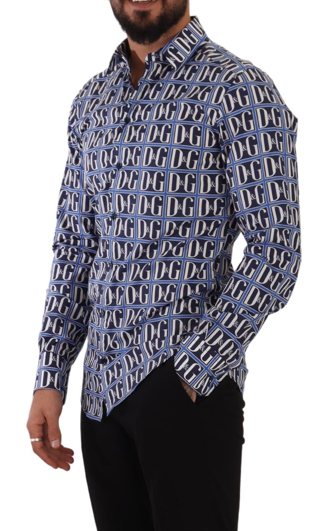 Blue Dolce & Gabbana Logo Mania slim fit cotton shirt with a stylish logo design on the front.
