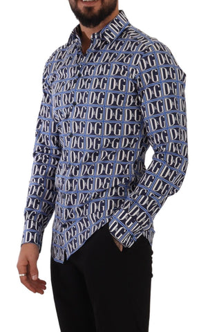 Blue Dolce & Gabbana Logo Mania slim fit cotton shirt with a stylish logo design on the front.