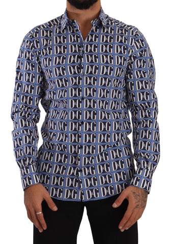 Blue Dolce & Gabbana Logo Mania slim fit cotton shirt displayed on a hanger, featuring a bold logo design and classic collar.