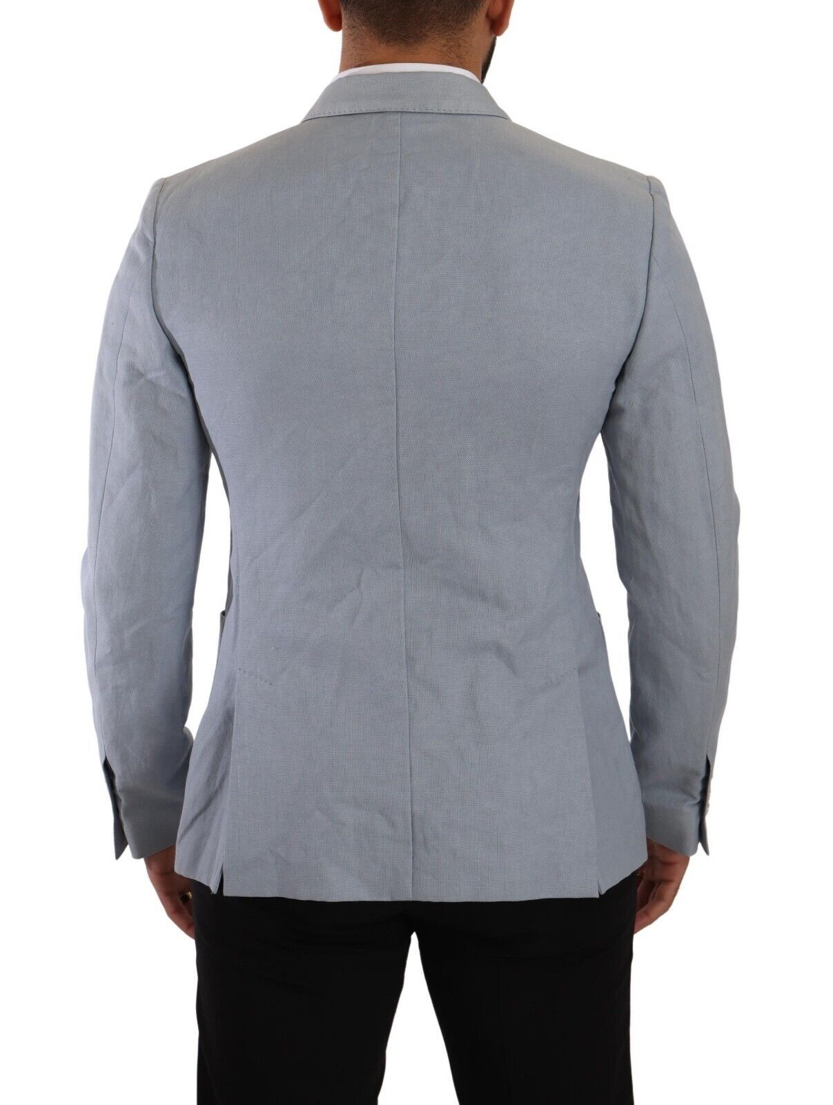 Blue cotton linen slim fit jacket blazer by Dolce & Gabbana, tailored with a sleek design and classic lapel collar.