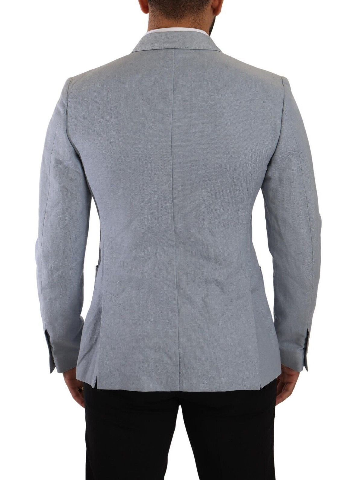 Blue cotton linen slim fit jacket blazer by Dolce & Gabbana, tailored with a sleek design and classic lapel collar.