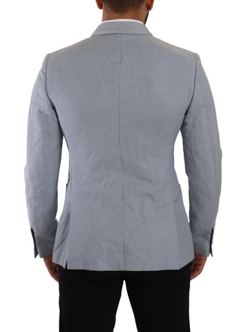 Blue cotton linen slim fit jacket blazer by Dolce & Gabbana, tailored with a sleek design and classic lapel collar.
