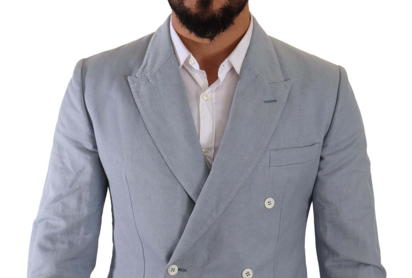 Blue cotton linen slim fit blazer coat by Dolce & Gabbana, tailored with a sleek design and classic lapel collar.