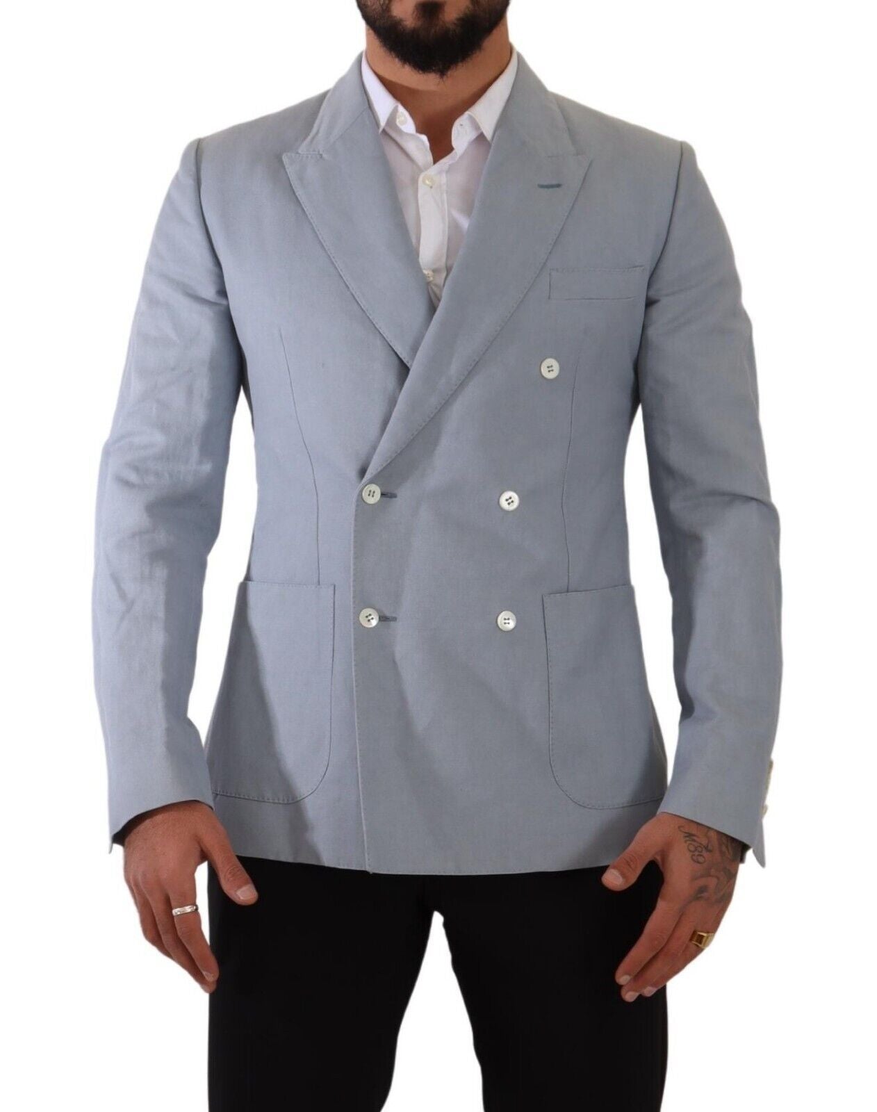 Blue cotton linen slim fit jacket blazer by Dolce & Gabbana, featuring a tailored design and classic lapel collar.