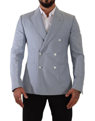 Blue cotton linen slim fit jacket blazer by Dolce & Gabbana, featuring a tailored design and classic lapel collar.