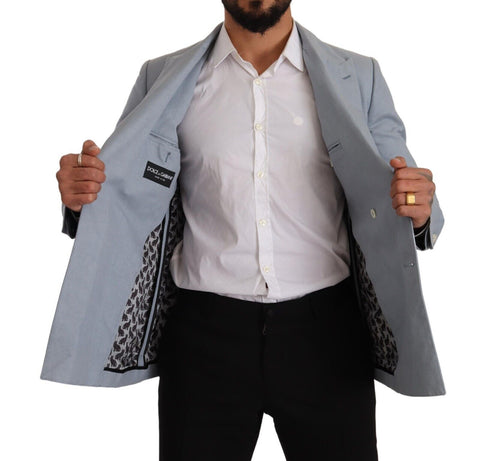 Blue cotton linen slim fit jacket blazer by Dolce & Gabbana, featuring a tailored design and classic lapel collar.