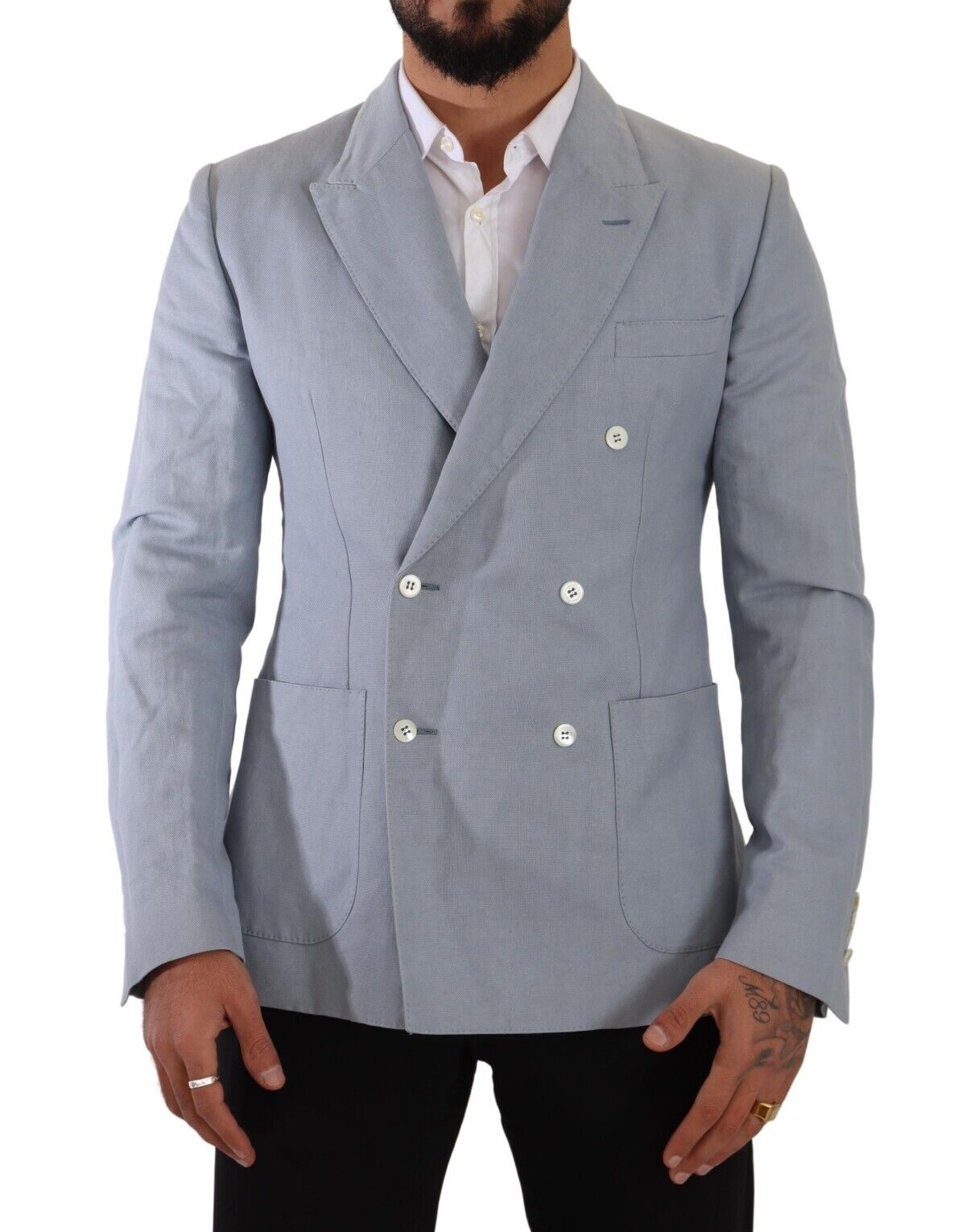 Blue cotton linen slim fit jacket blazer by Dolce & Gabbana, shown on a hanger with a tailored collar and sleek design.
