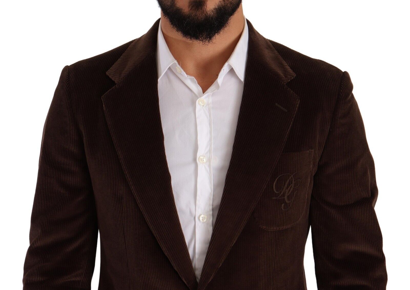 Brown corduroy slim fit coat with Dolce & Gabbana logo blazer, featuring tailored design and classic lapel collar.