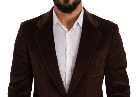 Brown corduroy slim fit coat with Dolce & Gabbana logo blazer, featuring tailored design and classic lapel collar.