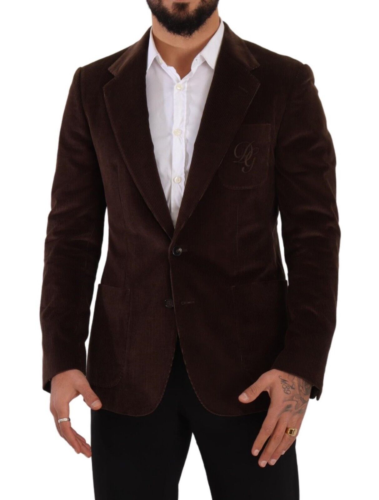 Brown corduroy slim fit coat with DG logo blazer by Dolce & Gabbana, featuring classic lapels and tailored design.
