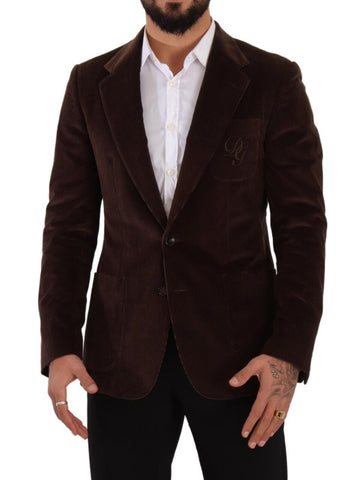 Brown corduroy slim fit coat with DG logo blazer by Dolce & Gabbana, featuring classic lapels and tailored design.