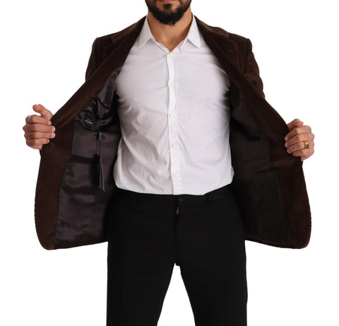 Brown corduroy slim fit coat with Dolce & Gabbana logo blazer, featuring a tailored design and classic lapel collar.