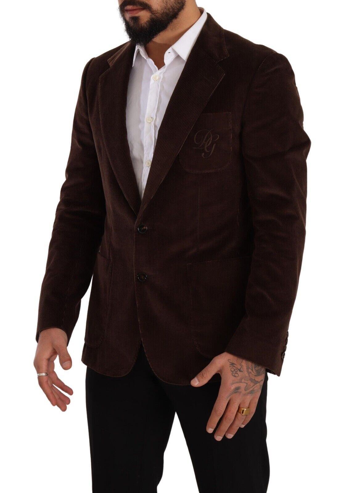 Brown corduroy slim fit coat with DG logo blazer, stylish Dolce & Gabbana men's outerwear, visible button details and tailored fit.