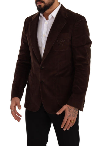 Brown corduroy slim fit coat with DG logo blazer, stylish Dolce & Gabbana men's outerwear, visible button details and tailored fit.