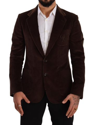 Brown corduroy slim fit coat with Dolce & Gabbana logo blazer, featuring a tailored design and classic lapel collar.