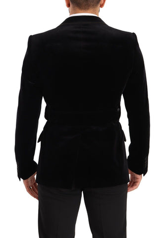 Black velvet single-breasted blazer with one button from Dolce & Gabbana, tailored fit and elegant style.