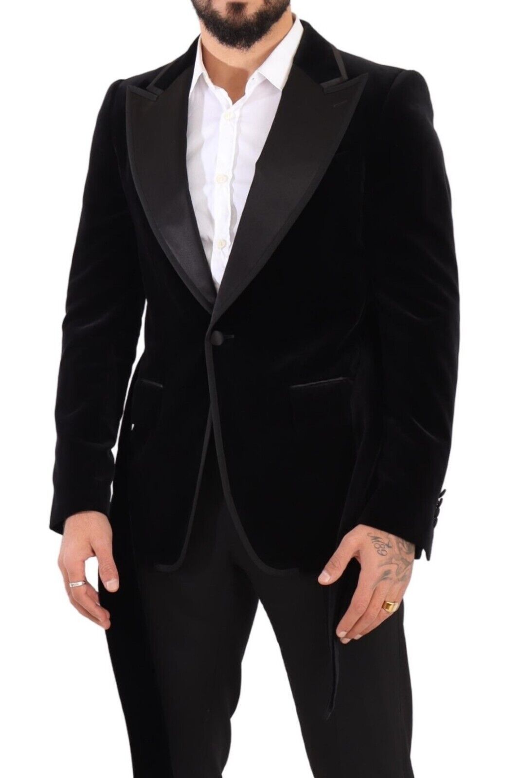 Black velvet single-breasted blazer with one button by Dolce & Gabbana, tailored fit and elegant design.