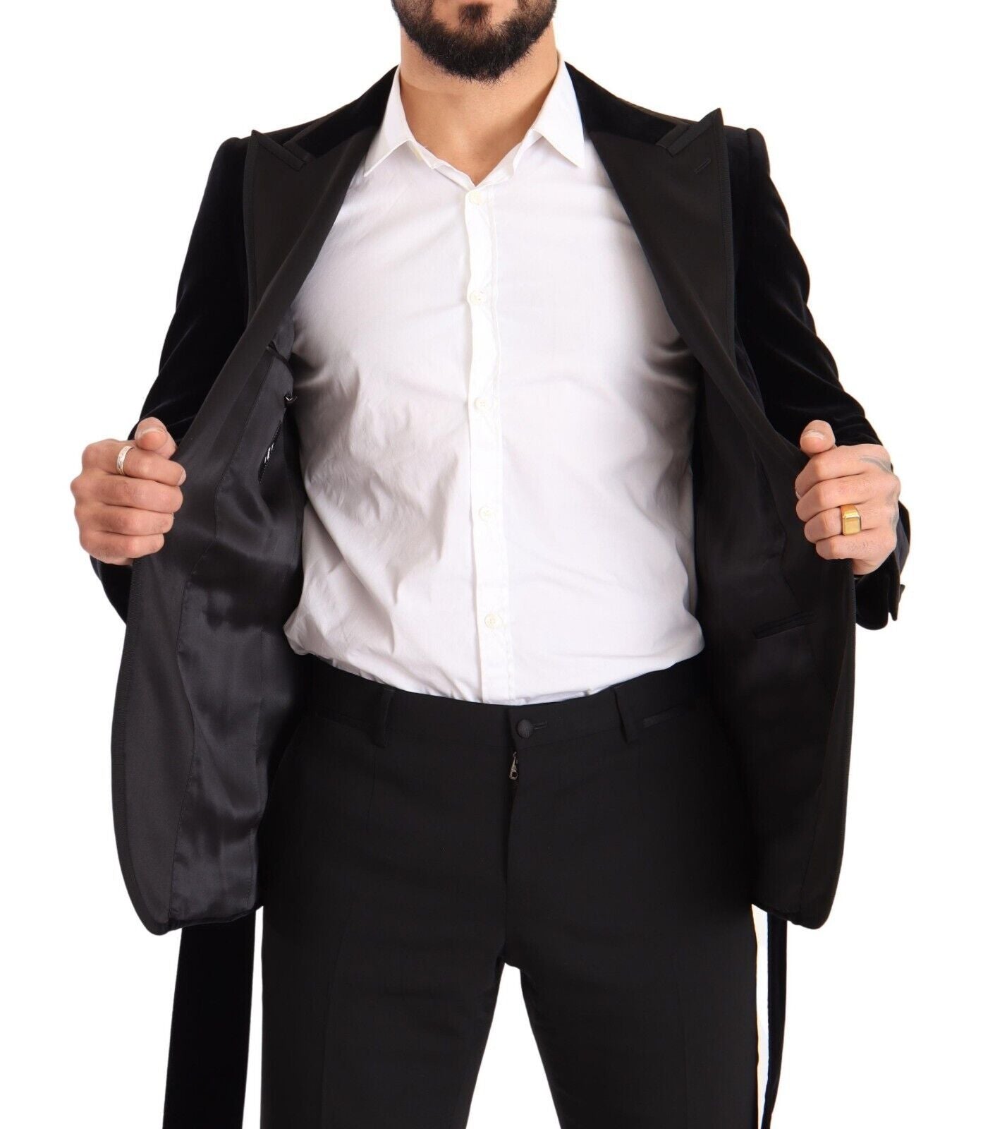 Black velvet Dolce & Gabbana single-breasted blazer with one button, tailored fit, and classic lapel, shown on a hanger.
