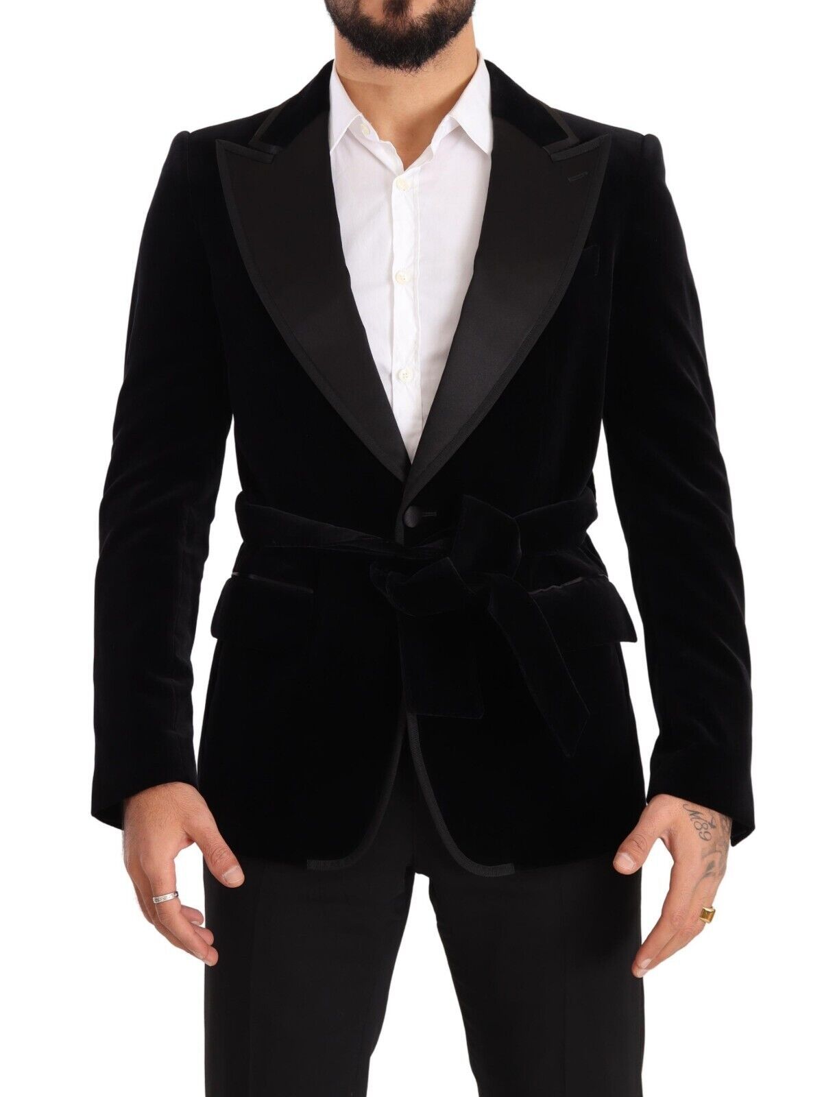 Black velvet single-breasted blazer with one button from Dolce & Gabbana, shown on a hanger.