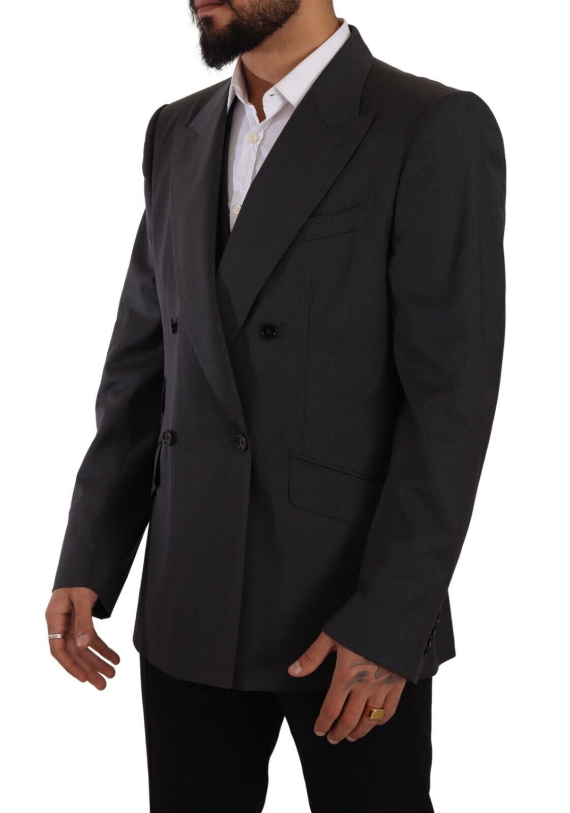 Gray Dolce & Gabbana double-breasted Sicilia blazer and matching pants, tailored 2-piece suit for a sophisticated look.