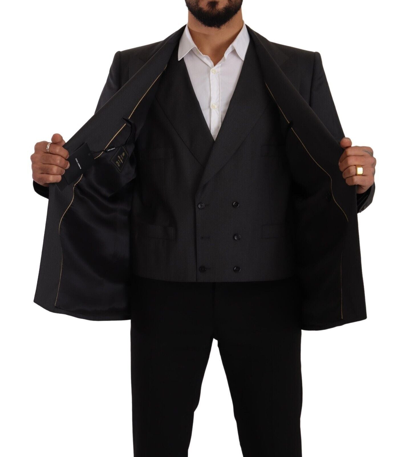 Gray Dolce & Gabbana double-breasted Sicilia blazer and matching pants, tailored 2-piece suit with classic design.