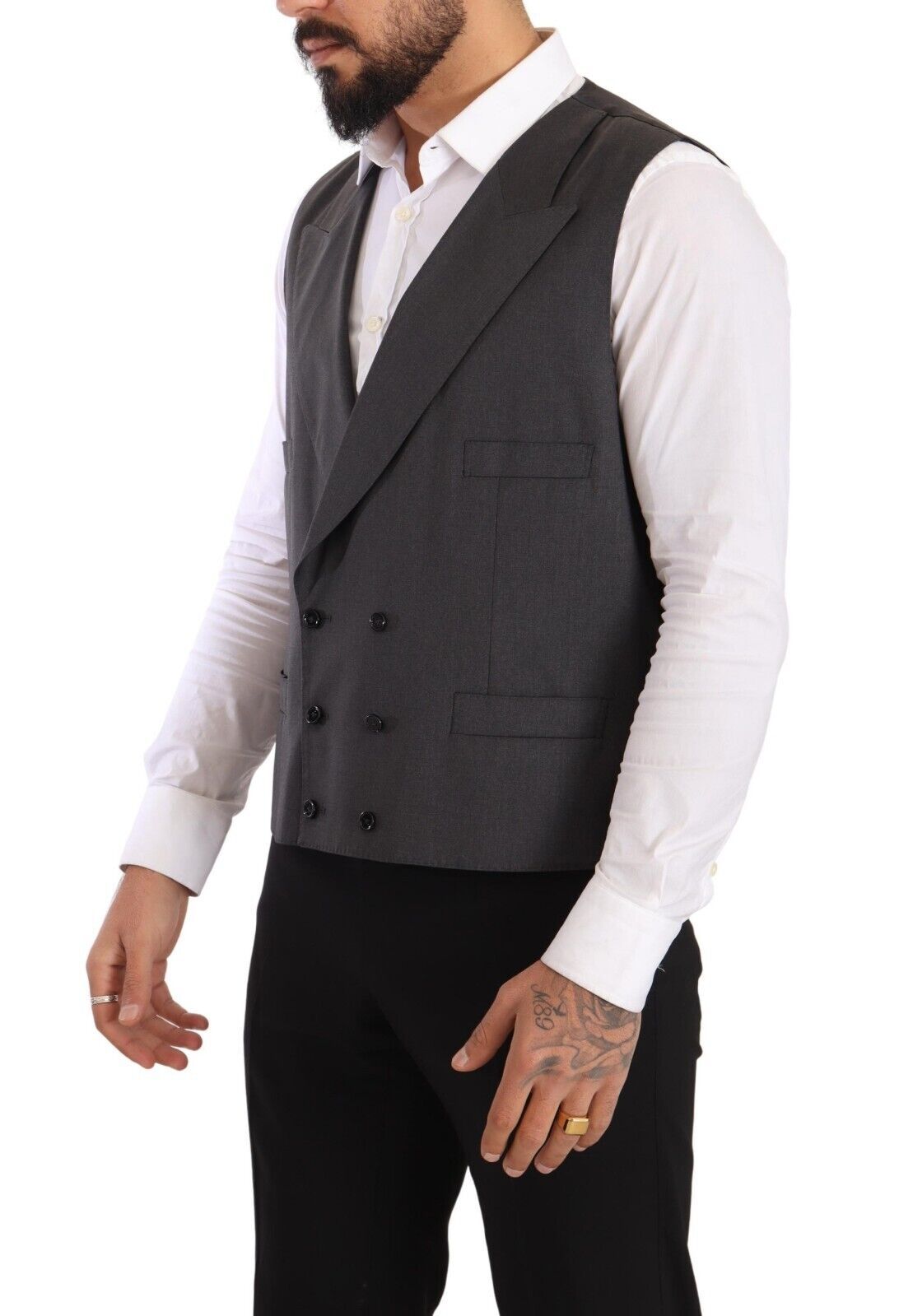 Gray Dolce & Gabbana double-breasted Sicilia blazer and matching pants, tailored 2-piece suit with structured lapels and classic fit.