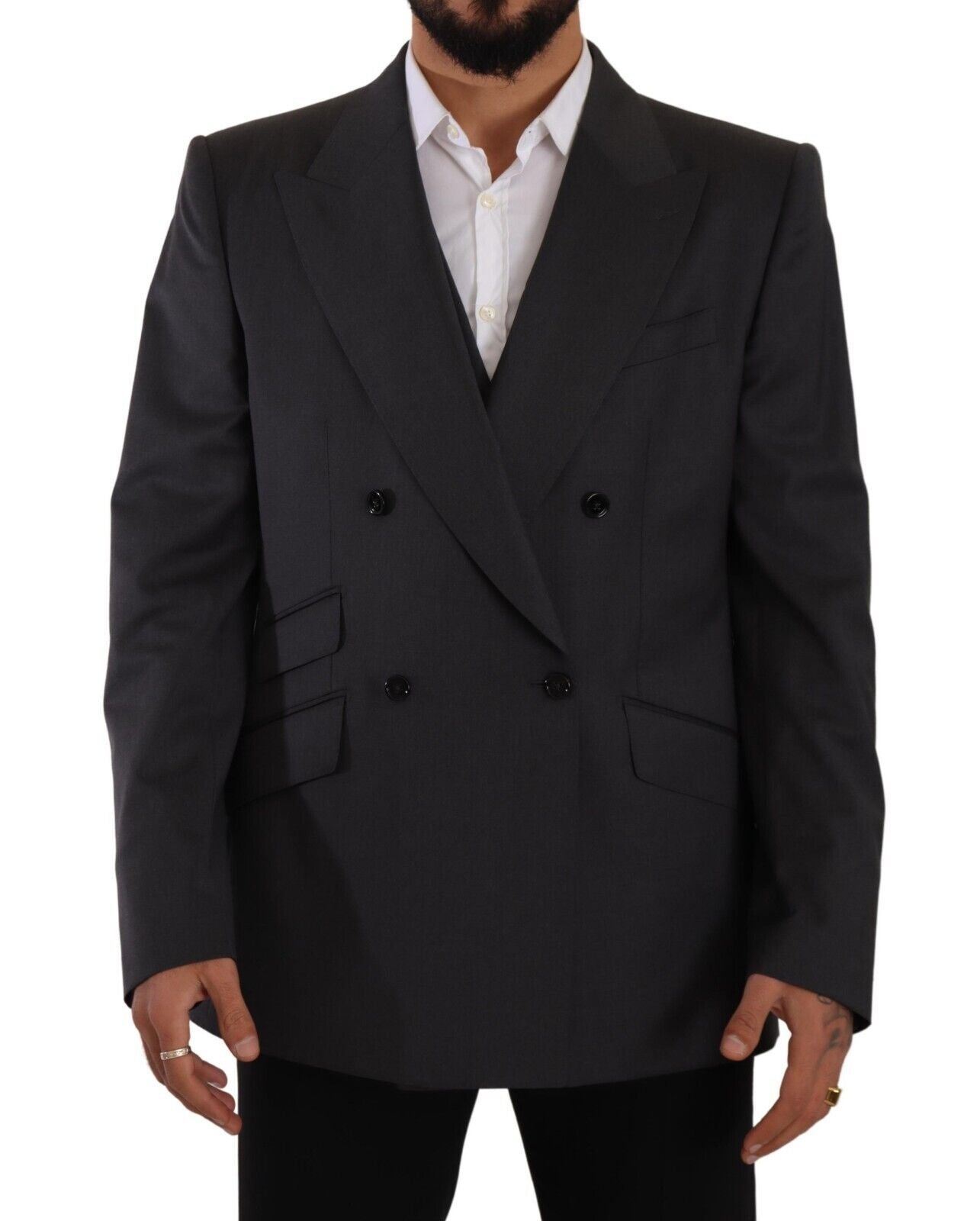 Gray Dolce & Gabbana double-breasted Sicilia blazer set, featuring tailored fit and classic style, shown on a mannequin.