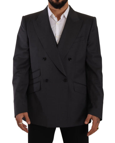 Gray Dolce & Gabbana double-breasted Sicilia blazer set, featuring tailored fit and classic style, shown on a mannequin.