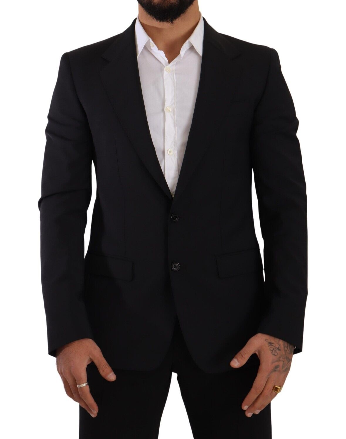 Black slim fit vest with two buttons, Dolce & Gabbana Martini blazer, tailored men's fashion, front view showing classic lapel design.